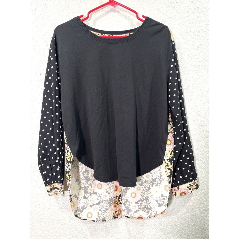 Maeve Anthropologie Top Sz S Black Floral Polka Dot Mixed Media Eclectic‎ Boho